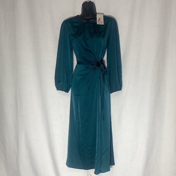 PRETTYGARDEN Satin Maxi Dress Puff Long Sleeve Crewneck Cutout  A-line Long - Picture 4 of 16